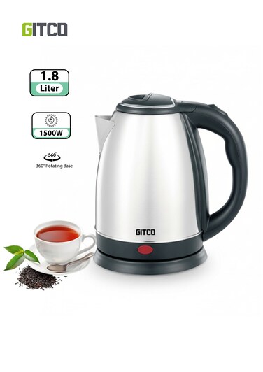 
غلاية كهربائية من الفولاذ المقاوم للصدأ بسعة 1.8 لتر مع إيقاف تلقائي، غليان سريع وحماية من الجفاف، قاعدة دوارة 360°، ضوء LED موديل GK2002