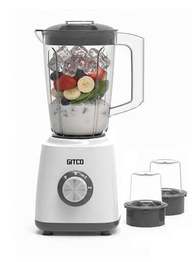 خلاط سطح عمل 3 في 1، محرك بقوة 500 واط مع التحكم في درجة الحرارة، وعاء 1.5 لتر خالٍ من مادة BPA + كوبان مطحنة، سرعتان ونبض، شفرات من الفولاذ المقاوم للصدأ، سهل التنظيف، GB1010 أبيض/رمادي