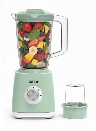 خلاط سطح عمل 2 في 1، محرك بقوة 500 واط مع التحكم في درجة الحرارة، وعاء 1.5 لتر خالٍ من مادة BPA + كوب مطحنة جافة، سرعتان ونبض، شفرات من الفولاذ المقاوم للصدأ، GB1011 أخضر نعناعي/أبيض