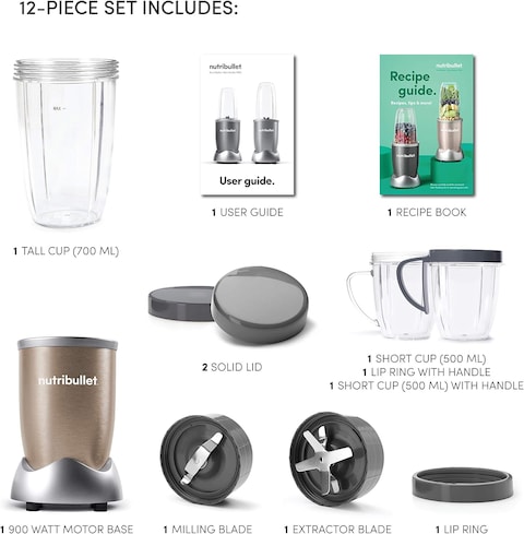 NutriBullet 900 Watts, 9 Piece Set, Multi-Function High Speed Blender, Mixer System With Nutrient Extractor, Smoothie Maker, NB-201, Copper Gold