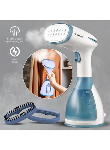 سوناشي مكواة بخار محمولة للملابس SGS-327 باللون الازرق - مكواة بخار للملابس من الفئة 1 مع حركة بخار مستمرة، خزان مياه 280 مل، فرشاة قماش   اجهزة منزلية