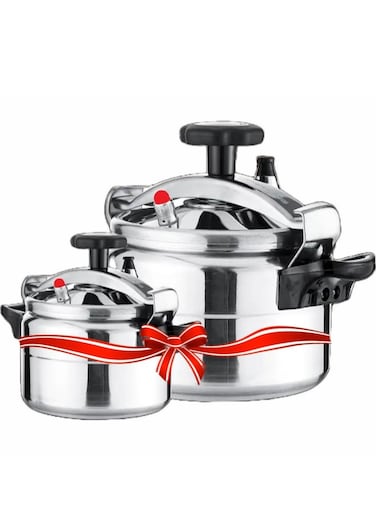 REFURA 2 Piece Combo Of 9 Litre &amp; 5 Litre Aluminum Pressure Cooker, Pressure Pot, Arabic Cooker Silver RE-605 + RE-607
