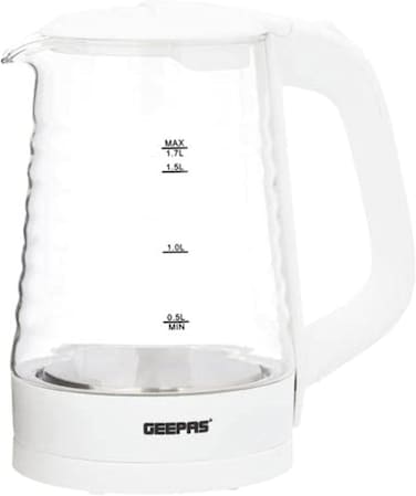 Geepas 1.7 L Electric Glass Kettle, Gk9902N, 360 Degrees Rotation, Light Indicator And Automatic Cut - Off, Transparent Kettle With Volume Marker, White