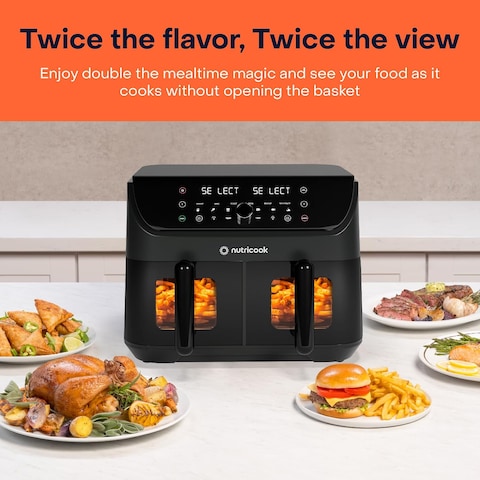 Nutricook Air Fryer Duo 2 Vision With Clear Window And Internal Light, 8.5L Independent Controlled Dual Basket, Air Fry, Bake, Roast, Broil, Reheat &amp; Dehydrate, 6 Presets, 2400W, AFD185V, Black