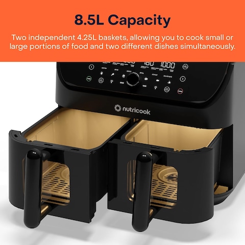 Nutricook Air Fryer Duo 2 Vision With Clear Window And Internal Light, 8.5L Independent Controlled Dual Basket, Air Fry, Bake, Roast, Broil, Reheat &amp; Dehydrate, 6 Presets, 2400W, AFD185V, Black