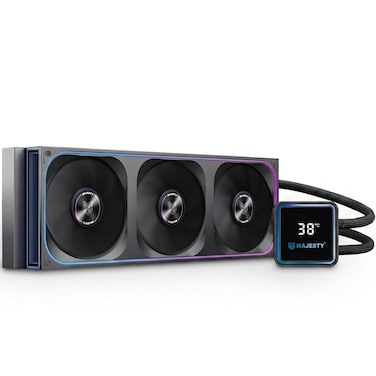ماجيستي - Majesty 360mm ARGB CPU Water Cooler   3.9 Inch Digital Temperature Display   Radiator Heat Display   Leak Proof Tubes   ARGB 3x120mm   Intel & AMD Fans   Black