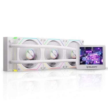 مبرد مائي لوحدة المعالجة المركزية من ماجيستي 360MM ARGB بشاشة IPS LCD 2.8 بوصة قابلة للتخصيص لعرض الفيديوهات والرسوم، أنابيب مقاومة للتسريب، ثلاث مراوح ARGB 120mm، متوافق مع Intel وAMD، للألعاب - أبيض