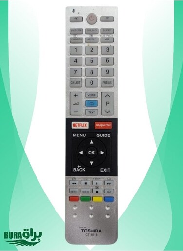 جهاز التحكم عن بعد للتلفزيون الذكي من توشيبا - CT-8516 جهاز تحكم عن بعد بديل متوافق مع تلفزيونات توشيبا الذكية LCD LED مع مفاتيح Google Play وNetflix الذكية - فضي