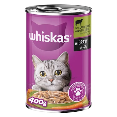 ويسكاس اكل قطط معلّب لحم الضأن والديك الرومي والخضروات بالمرق، علبة 400 غ