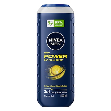 NIVEA MEN 3in1 Shower Gel, Power Fresh 24h Fresh Effect Citrus Scent, 500ml