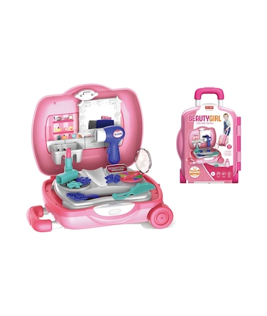 تويسي لعبة حقيبة مكياج للبنات الجميلة، مجموعة لعب صالون تجميل محمولة مع مجفف شعر وإكسسوارات، حقيبة أدوات تجميل محمولة باليد للأطفال، لعبة لعب أدوار إبداعية

