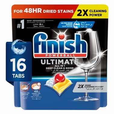 Finish Ultimate Dishwasher Tablets, Lemon Sparkle Scent, 2x More Cleaning Power, 16 Tabs