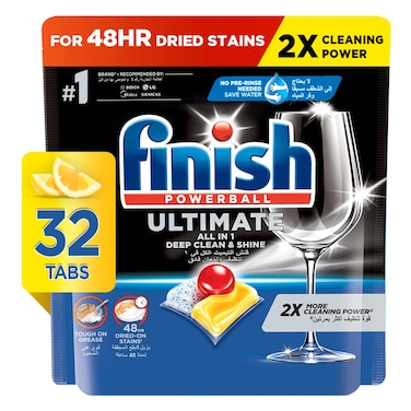 Finish Ultimate Dishwasher Tablets, Lemon Sparkle Scent, 2x More Cleaning Power, 32 Tabs