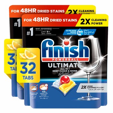 Finish Ultimate Dishwasher Tablets, Lemon Sparkle Scent, 2x More Cleaning Power, 64 Tabs