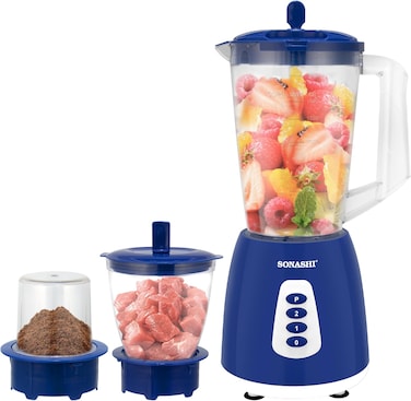خلاط ومطحنة ومفرمة 3 في 1   600 واط   إبريق غير قابل للكسر سعة 1.8 لتر   أكواب للطحن والفرم   6 شفرات من الستانلس ستيل   سرعتان مع وضع النبض   حماية من الحرارة الزائدة   مثالي لطحن البهارات وتحضير العصائر والفرم والخلط   SB-195 أزرق