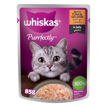 ويسكاس بورفيكتلي طعام القطط، تونة وسلمون في جيلي، 85 غرام