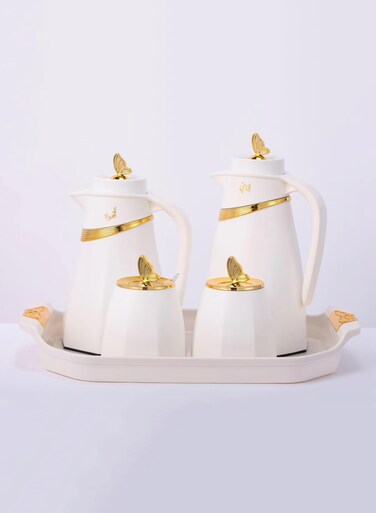 A set of 5 Pieces of Thermos for Tea and Coffee, With a Serving Tray, a Sugar Container, and a Date Box, Beige/Golden