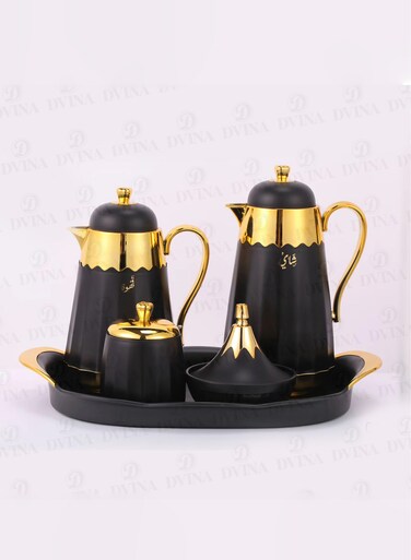 A set of 5 Pieces of Thermos for Tea and Coffee, With a Serving Tray, a Sugar Container, and a Date Box, Black/Golden