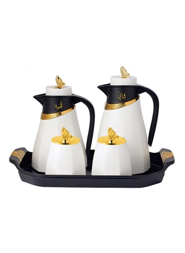 A set of 5 Pieces of Thermos for Tea and Coffee, With a Serving Tray, a Sugar Container, and a Date Box, Black/White/Golden