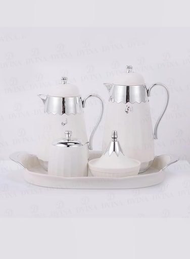 A set of 5 Pieces of Thermos for Tea and Coffee, With a Serving Tray, a Sugar Container, and a Date Box, White/Silver