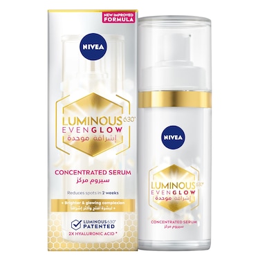 NIVEA LUMINOUS 630 EVEN GLOW Anti Dark Spot Concentrated Face Serum, Spotless Even Skin, Hydrating Hyaluronic Acid &amp; Vitamin E, 30ml