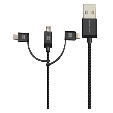 Promate USB-C Type C, Micro USB, Apple MFi Lightning Cable 3 in 1 Triple Head Data and Charge Cable for Apple, Android and Type C Devices, Unilink-Trio Grey