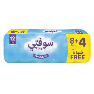 سوفتي، لفات المناديل الورقية الإقتصادية للحمامات، عبوة تحتوي على 8 + 4 لفات مجانا، في كل منهاـ 200 ورقة، مصنوعة من مواد مستخلصة من القطن الطبيعي الناعم، مناديل حمام منقوشة، طبقتان