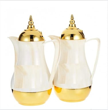 Royalford 2 Piece Marble Tea &amp; Cawa Set 1 Liter Each With Double Wall Pink Glass Liner Insulated Coffee Pot Thermal Jug - Leak Proof And Heat Cold Retention