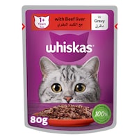 Whiskas Beef Liver in Gravy Wet Cat Food Pouch for Adult Cats 1+ Years 80 g