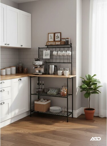 طاولة ركن قهوة أنيقة وعصرية مكونة من ثلاث طبقات وحامل أكواب بني / أسود