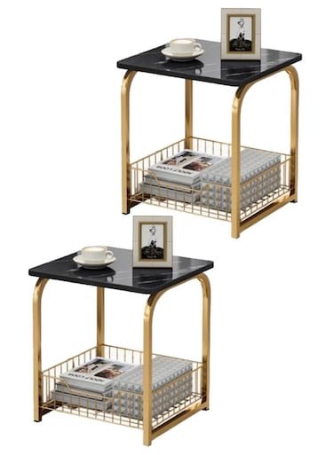 Coffee Table Set, 2 Pieces, Side Table with Bottom Storage Basket, Modern Marble Design for Living Room