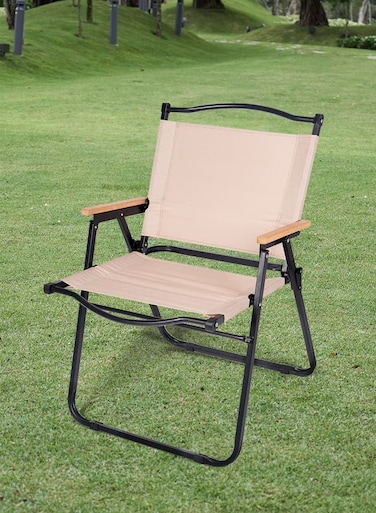 كرسي تخييم مريح للأنشطة الخارجية، قابل للطي بمسند للظهر والذراعين، أسود/ذهبي