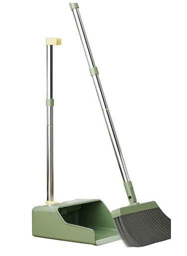 VISIO Dustpan and Brush Sets Long Handled, Soft Bristles Broom and Dustpan Set Indoor Outdoor, Household Upright Dust Pan Combo &amp; Sweeping Brush for Lobby Kitchen Office, Green and Yellow