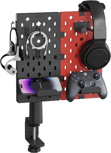 حامل بيجزون مع مشبك لسماعة الرأس وجهاز التحكم بتحكم دوار مع خطافات للكيبل وملحقات ألعاب لأجهزة اكس بوكس وبلاي ستيشن 5 وبلاي ستيشن 4 ونينتندو سويتش لتنظيم المكتب من ايه اس ايه، لون أحمر ميتاليك
