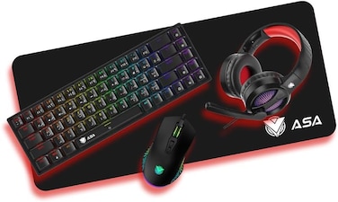 مجموعة كيبورد قيمنق بلوتوث واير لس الألعاب والماوس ولوحة الماوس MM3*30*800 PC كومبو68 مفتاحًا ميكانيكي سويتش احمر مدمج ب 20 تاثيرضاءة خلفية قوس قزح ار جي بي بنظام ويندوز اسود منASA (QUARTET 4IN1)