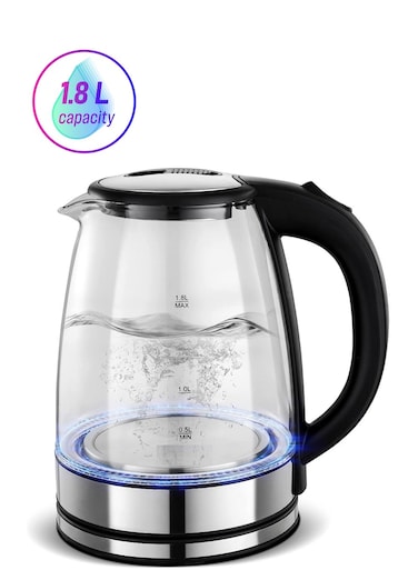 ريفورا غلاية كهربائية زجاجية لاسلكية بسعة 1.8 لتر مع وظيفة الإغلاق التلقائي بقوة 1500 وات، أسود/فضي RE-11604