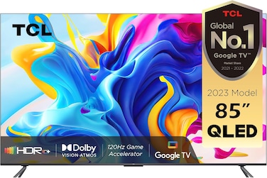 TCL تلفزيون ذكي 85 بوصة 4K QLED جوجل تي في مع تحكم صوتي بدون استخدام اليدين دولبي فيجن اتموس HDR 10+ جيم ماستر تدرج لوني واسع تقنية كوانتوم دوت - 85C645 (موديل 2023)