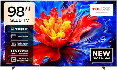 تلفزيون ذكي 98 بوصة تي سي ال 4K QLED ملون كوانتوم كريستال HDR 10+ للألعاب مع جوجل، 144 هرتز، اونكيو 2.1 هاي فاي، دولبي اتموس، دي تي اس فيرتشوال اكس، ام اي ام سي، جيم ماستر (موديل 2025) - 98P8K