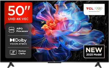 TCL 50V6C-UK 50" 4K Ultra HD, HDR TV, Smart TV Powered by Google TV (Dolby Audio, Voice Control, compatible with Google assistant, Chromecast built-in, 2025 New Model) [Energy Class E]
