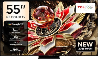 تلفزيون تي سي ال 55Q7C ذكي 55 بوصة 4K QD-Mini LED ملون كوانتوم كريستال HDR 2600 نيت للالعاب جوجل تي في معدل تحديث اصلي 144Hz وصوت من بانج اند اولفسن ودولبي اتموس وجيم ماستر (موديل 2025)