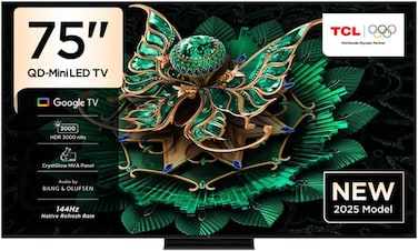 TCL تلفزيون Q7C ذكي 4K QD ميني LED جوجل تي في HDR 3000 وحدة مضيئة في البكسل ومعدل تحديث اصلي 144Hz ودولبي فيجن واتموس وصوت بانج اند اولفسن ولوحة كريستال جلو HVA للالعاب (موديل 2025) (75 انش)