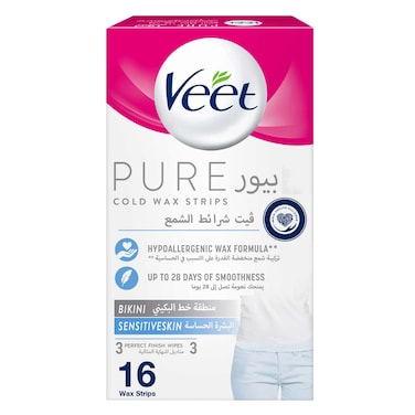 فيت شرائح شمع باردة نقية لمنطقة البيكيني، تركيبة مضادة للحساسية للبشرة الحساسة، حتى 28 يومًا من النعومة، 16 مع 3 لمسة نهائية مثالية مناديل مبللة