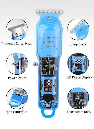 مايكروبلس مقص شعر كهربائي احترافي قابل للشحن بشكل شفاف أزرق اللون، مشذب شعر شكل قذيفة محمول لاسلكيًا مجهز بشاشة عرض Led لصالون الرجال والنساء PS-4754
