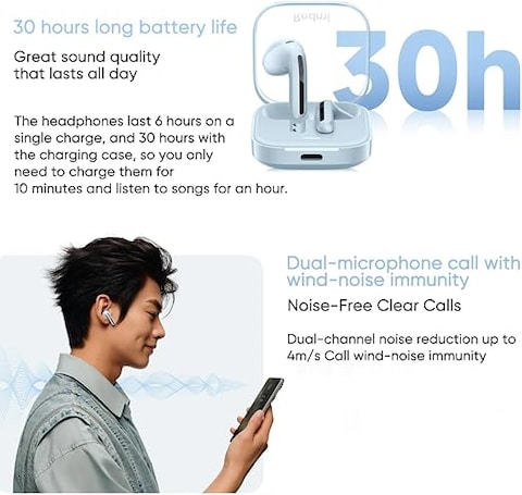 سماعات أذن لاسلكية شاومي ريدمي بودز 6 أكتيف، بلوتوث 5.4، داخل الأذن، بطارية تدوم 30 ساعة، إلغاء الضوضاء للمكالمات، 5 أوضاع ضبط، مقاومة للماء IPX4 - أسود