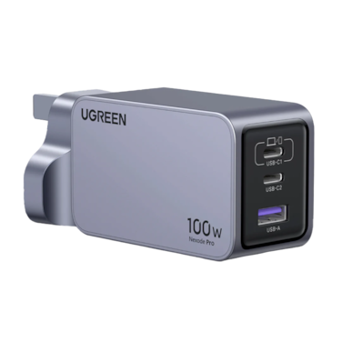 شاحن جداري يوجرين نيكسود بمنفذين USB-C وبمنفذ USB بقوة 100 واط - رمادي