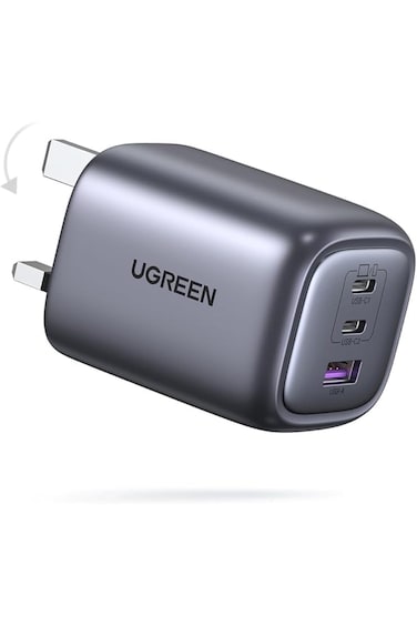 شاحن جداري يوجرين نيكسود S بتقنية GaN بمنفذين USB-C ومنفذ USB وبقوة 65 واط - رمادي