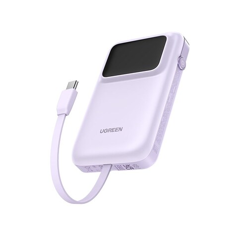 شاحن متنقل يوجرين Uno بمنفذ USB-C ومنفذ USB مع سلك مدمج بسعة 10000 مللي أمبير بقوة 30 واط - بنفسجي