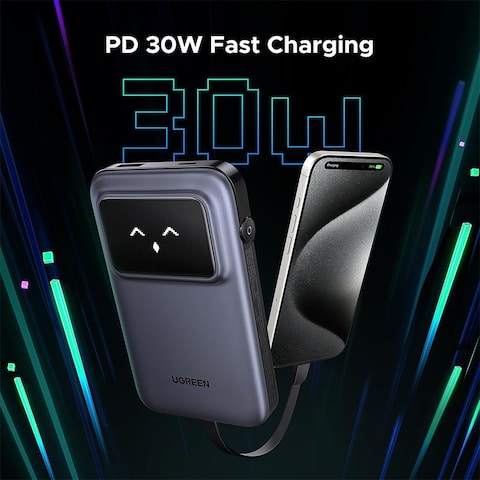 شاحن متنقل يوجرين Uno بمنفذ USB-C ومنفذ USB مع سلك مدمج بسعة 10000 مللي أمبير بقوة 30 واط - بنفسجي