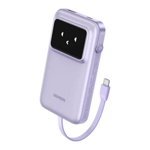 شاحن متنقل يوجرين Uno بمنفذ USB-C ومنفذ USB مع سلك مدمج بسعة 10000 مللي أمبير بقوة 30 واط - بنفسجي