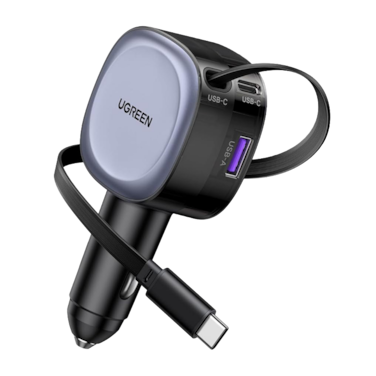 يوجرين شاحن سيارة بسلك قابل للسحب بمنفذ USB-C ومنفذ USB وبقوة 75 واط - رمادي